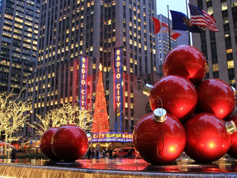 Giant Christmas Tree Ornaments in Rockefeller Center; Courtesy of TerraceStudio/Shutterstock.com