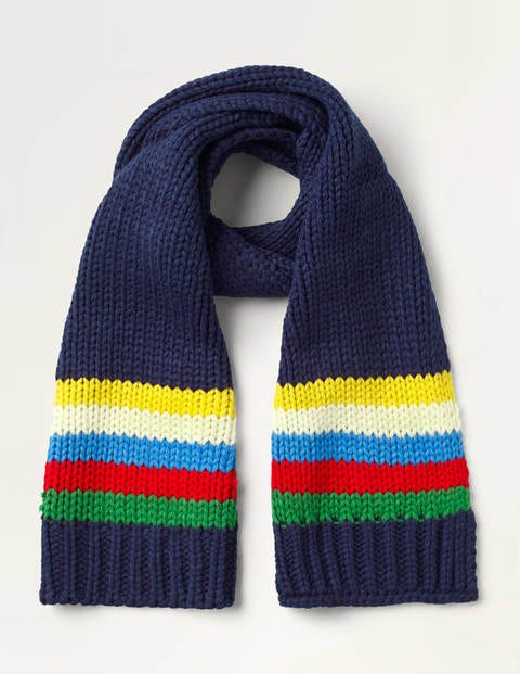 A navy knitted scarf with multi-colored strips around the ends