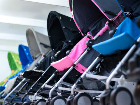 Row of Strollers at Shopping Mall