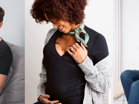 Three side-by-side images of parents (two women, 1 man) holding their baby in a babywearing shirt